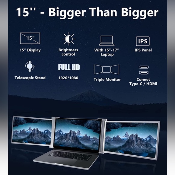 FQQ 15" Triple Portable Monitor, 1080P FHD Laptop Screen Extender - Picture 2 of 6